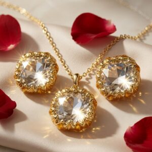 The Elara Brilliant Clear Crystal Scalloped Gold Quartz Jewelry Set-Gold Finish
