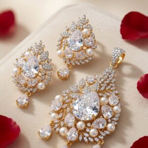 The Maharani Empress Cubic Zirconia And Peral Pendant Set-Gold Finish