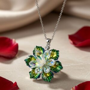 Veridian Tiered Green Crystal Flower Lotus Pendant Necklace-Gold Finish