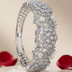 The Snowdrop Pearl And Diamond-Style Zirconia Kada Bracelet-Platinum Finish