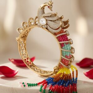 The Mayura Royal Peacock Gemstone Tassel Heritage Kada Bracelet-Antique Finish