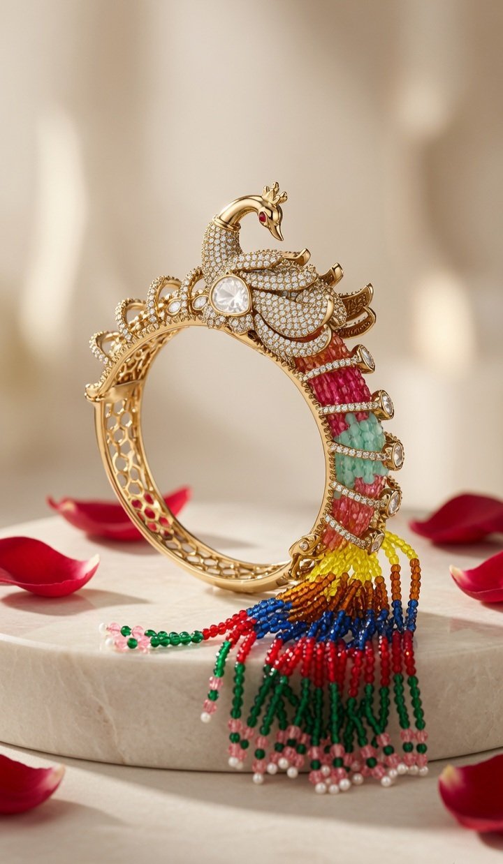 The Mayura Royal Peacock Gemstone Tassel Heritage Kada Bracelet-Antique Finish