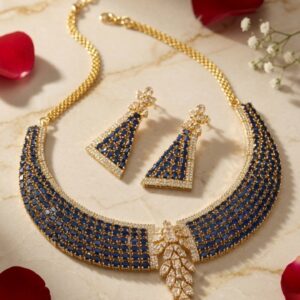 Imperial Blue Sapphire Mosaic Prism Geometric Choker Set-Gold Finish