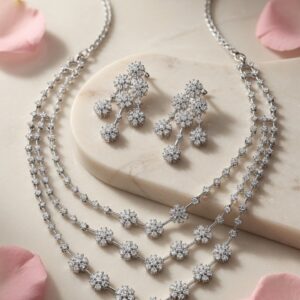 Cascading Lumiere Three-tier Radiance Floral Cluster Choker Set-Platinum Finish