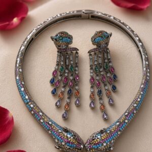 The Sovereign Panther Multi-Gemstone Collar And Fringe Hasli Set-Black Rhodium Finish