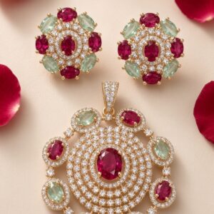 The Royal Bloom Ruby And Mint Green  Mandala Pendant Set-Gold Finish