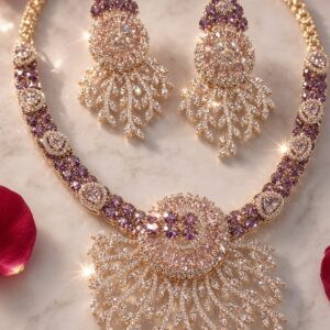 Elysian Violet Medallion Radiance And Chandelier Choker Set-Gold Finish