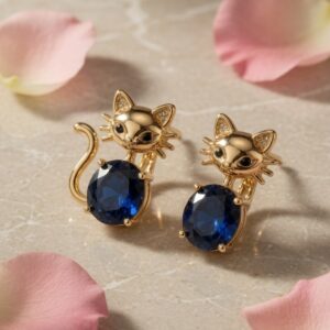 Midnight Kitty Sapphire Stud Earrings-Gold Finish