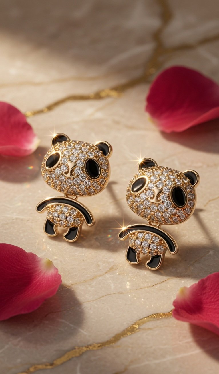 Panda Sparkle Stud Earrings-Gold Finish - Image 2