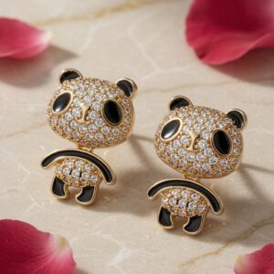 Panda Sparkle Stud Earrings-Gold Finish