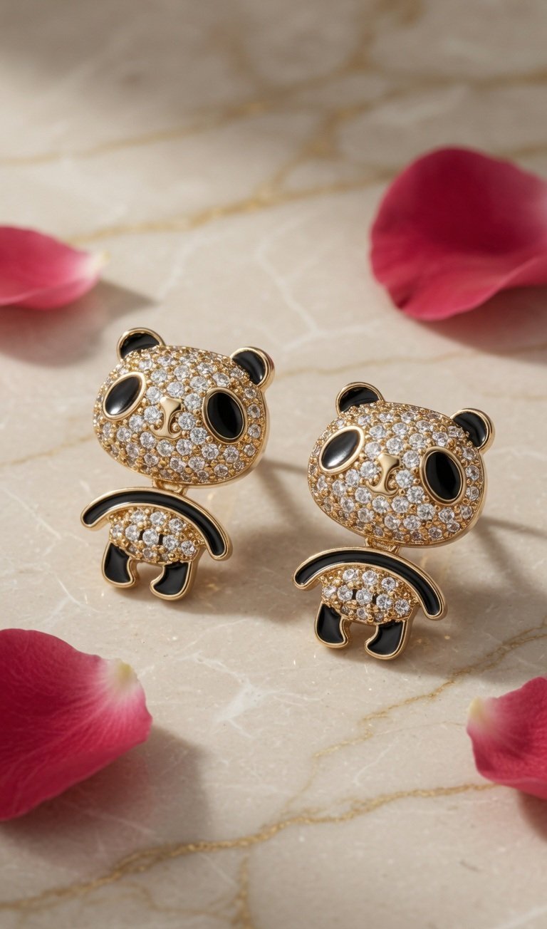 Panda Sparkle Stud Earrings-Gold Finish