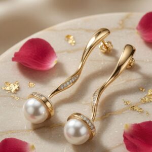 The Ondine Wave Pearl Drop Earrings-Gold Finish