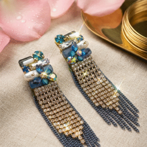 The Riviera Gunmetal Tone Sapphire Blue And Pearl Tassels Drop Earrings-Black Rhodium Finish