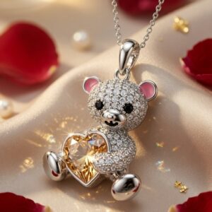The Theodore Golden Heart Teddy Bear Pendant-Platinum Finish