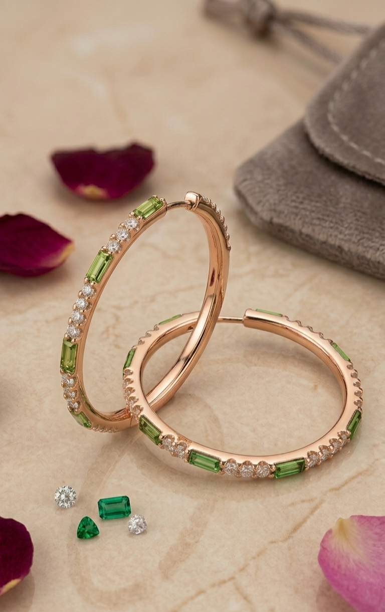 Olive Groves Alternating Peridot Baguette Hoops-Gold Finish