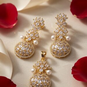 Brillant White Cubic Zirconia Medallion Pendant Set With Pearl Accent-Gold Finish