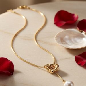 The Elena Abstract Organic Gold And Pearl Y-Chain-Gold Finish