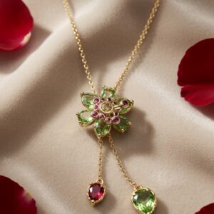 The Rosalind Peridot And Ruby Blossom Drop Necklace-Gold Finish