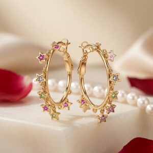 Stella Multi-Gemstone Star Charm Rainbow Pastel Star Hoops-Gold Finish