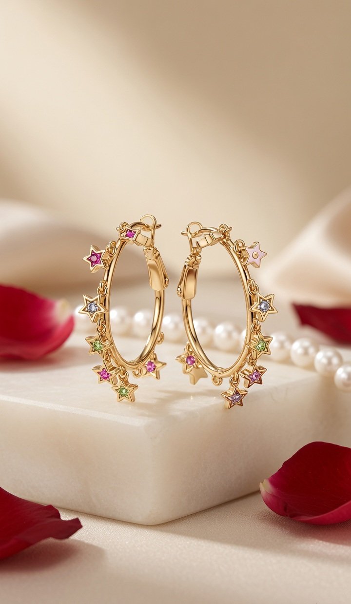 Stella Multi-Gemstone Star Charm Rainbow Pastel Star Hoops-Gold Finish