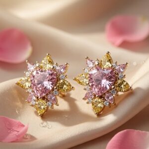Calypso Pink And Yellow Crystal Sunburst Studs-Gold Finish
