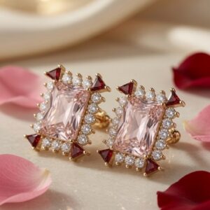 Antoinette Morganite And Garnet Halo Stud Earrings-Gold Finish