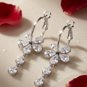 Ethereal Flora Pear-Cut Cascading Drop Hoops-Platinum Finish