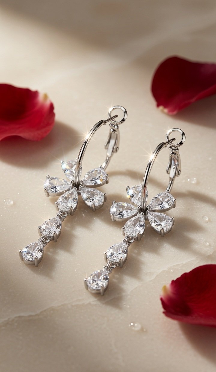 Ethereal Flora Pear-Cut Cascading Drop Hoops-Platinum Finish