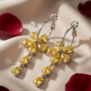The Golden Solstice Yellow Gemstone Drop Hoops-Platinum Finish