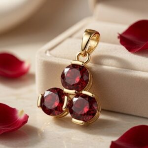 Three-Stone Round Garnet Cluster Ruby Red Pendant-Gold Finish