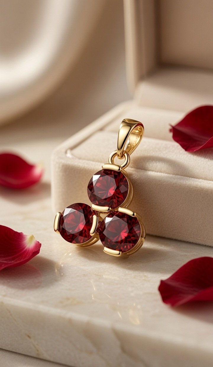 Three-Stone Round Garnet Cluster Ruby Red Pendant-Gold Finish