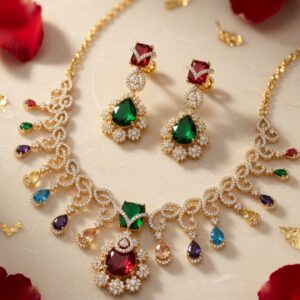 Victorian Rainbow Gemstone Spectrum Emerald And Ruby Drop Choker Set-Gold Finish