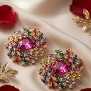 Kaleidoscope Crown Regal Cushion-Cut Fuschia Wreath Earrings-Gold Finish