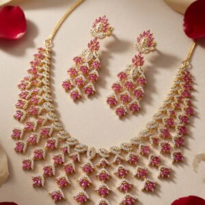 Aurelia Regal Rose Cluster Fringe Cascading Ruby Choker Set-Gold Finish