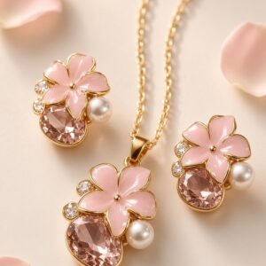 Blush Pink Enamel And Rose Pearl Pendant Set-Gold Finish