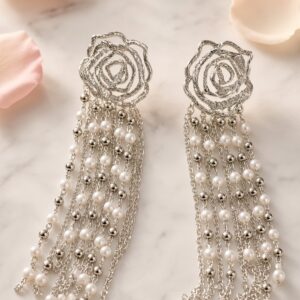 The Rose Cascade Filigree Floral Tassel Drop Earrings-Platinum Finish