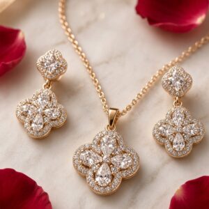 The Clover Blossom Pavè Pendant And Drop Earrings-Rose Gold Finish