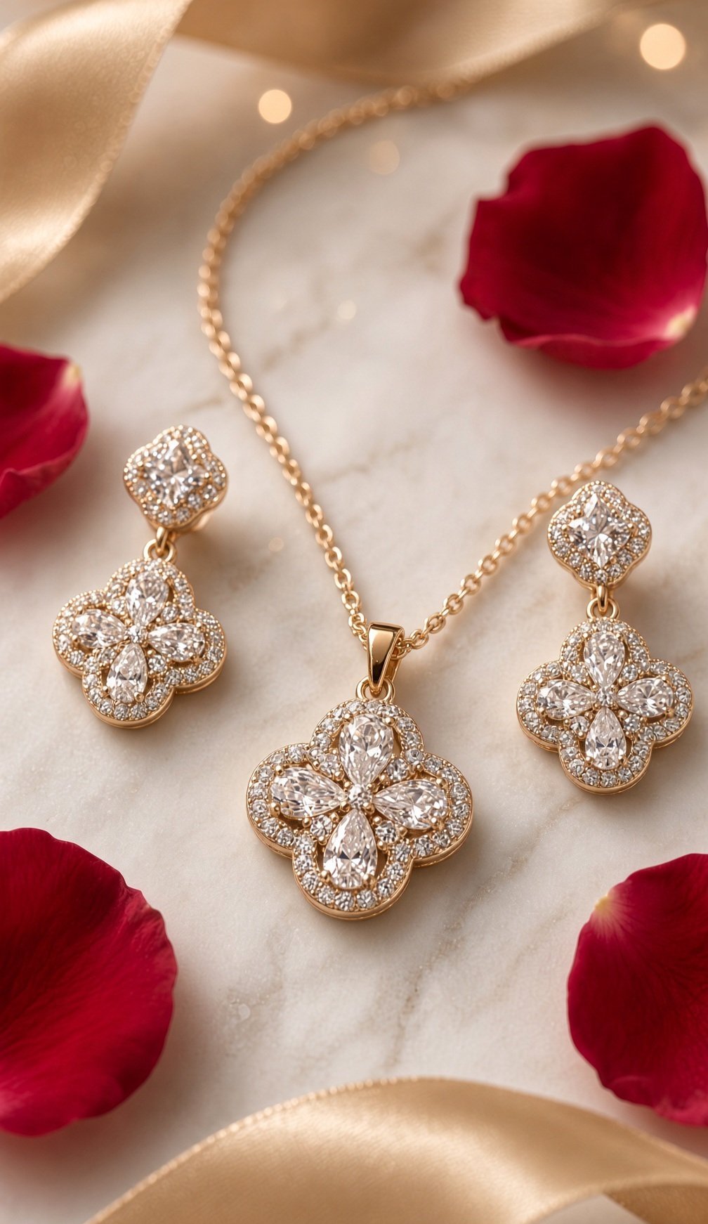 The Clover Blossom Pavè Pendant And Drop Earrings-Rose Gold Finish
