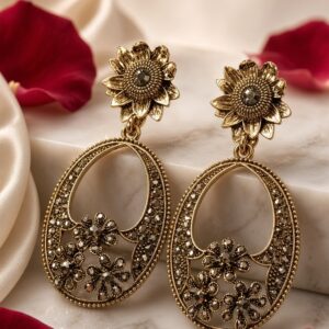 The Solstice Sunflower Antique Gold Oval Drop Earrings-Antique Finish