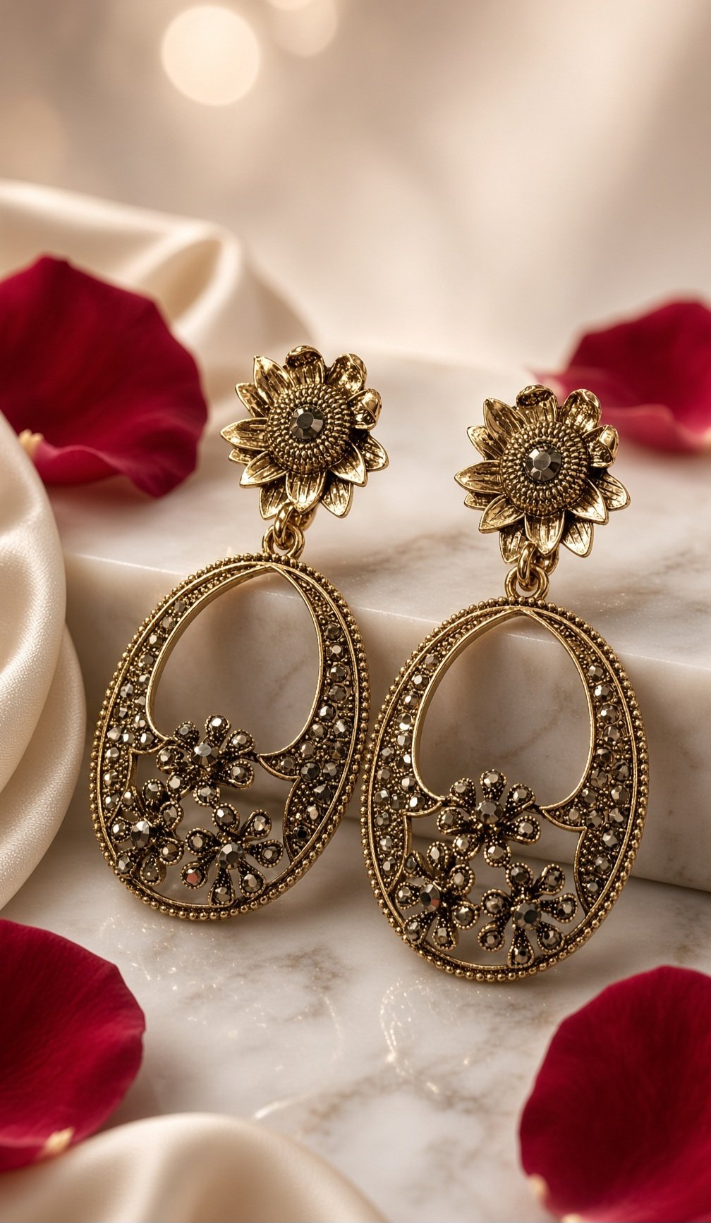 The Solstice Sunflower Antique Gold Oval Drop Earrings-Antique Finish