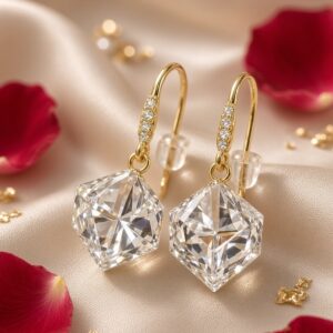 Ice Cube Faceted Prism Geometric Cube Drop Earrings-Gold Finish