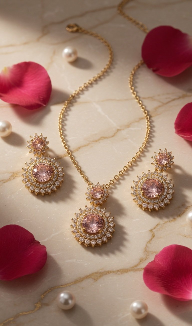 Double Tiered Pink Morganite And Diamond Jewelry Set-Gold Finish - Image 2