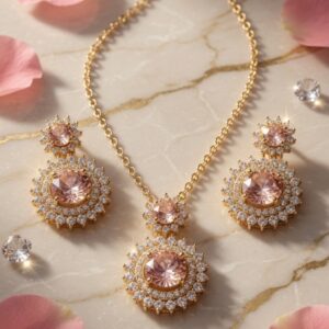 Double Tiered Pink Morganite And Diamond Jewelry Set-Gold Finish