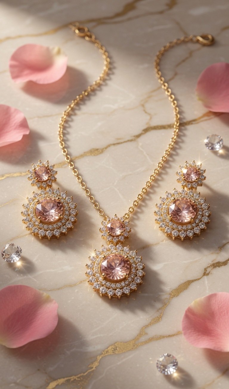 Double Tiered Pink Morganite And Diamond Jewelry Set-Gold Finish