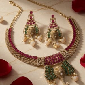 The Empress Ganesha Statement Emerald And Ruby Choker Set-Gold Finish