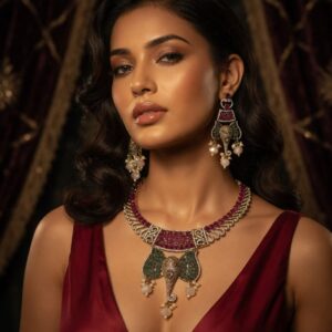 The Empress Ganesha Statement Emerald And Ruby Choker Set-Gold Finish