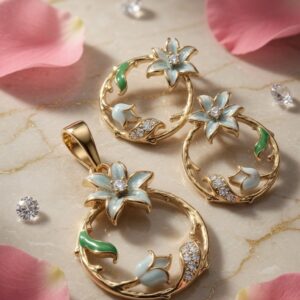The Pastel Blossom Enamel Open-Circle Pendant Set-Gold Finish