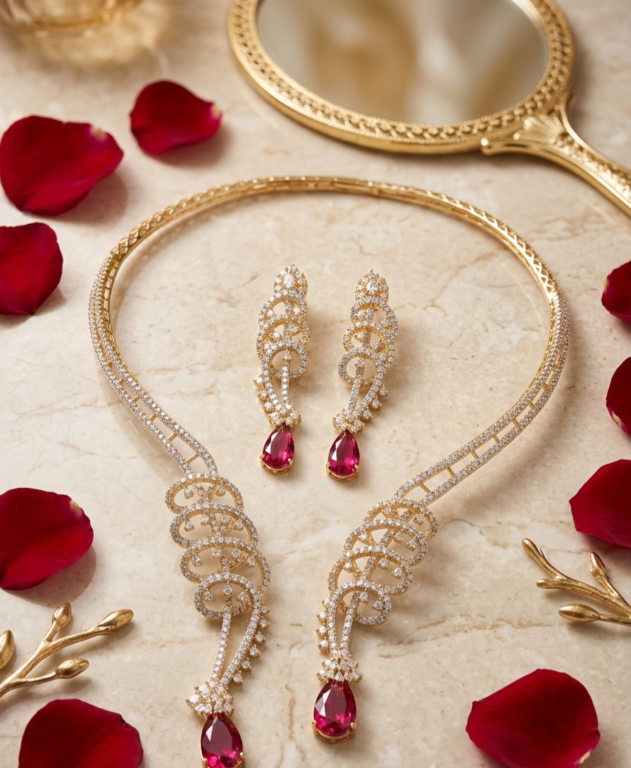 Vintage-Inspired Yellow Gold Spiral Chandelier with Ruby Drop Set-Gold Finish