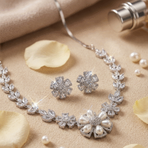 Genevieve Pearl Rosetta Collared Necklace And Studs-Platinum Finish