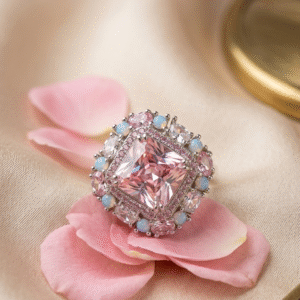 Imperial Prismatic Orchid Pink Gemstone And Opal Cocktail Adjustable Ring-Platinum Finish